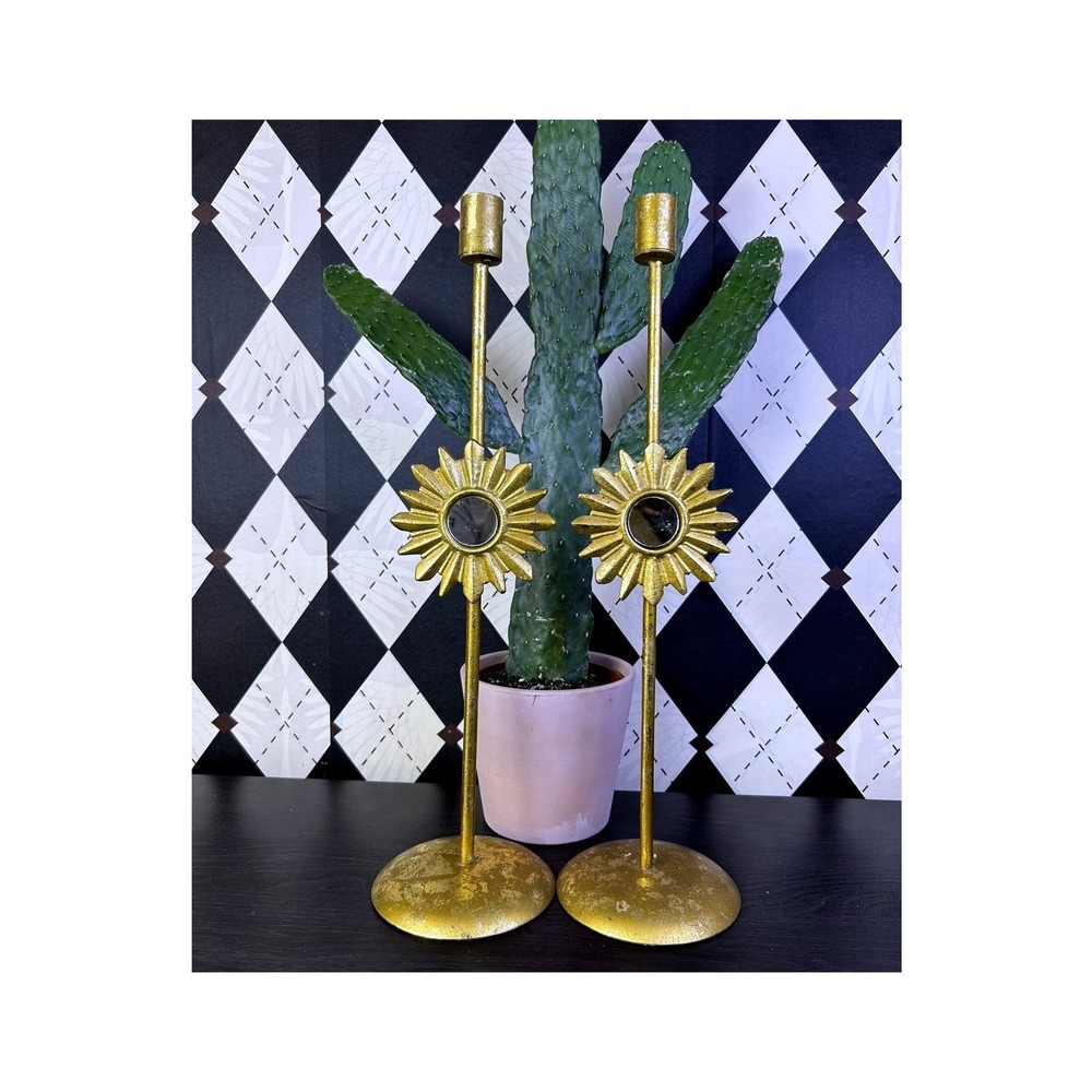 Vintage Tall Celestial Gold Candleholders 17" Sunburst Mirror Hollywood Regency